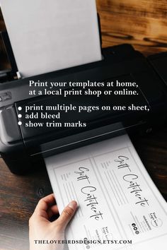 a person is printing on a printer with the words print your templates at a local print shop or online