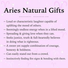 the aris natural gifts list on pink background with stars and zodiac signs above it