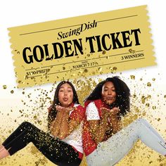 two women sitting on the ground with confetti in front of them and an event ticket behind them