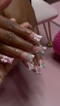 Charm Placement On Nails, Sagittarius Nails Designs Short, Cute Duck Nails With Charms, Nail Inspo With Bow, Birthday Nails Sweet 16, Simple Birthday Nails Short, White Junk Nails, 21st Birthday Nails, Acrylic Toe Nails