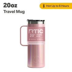 a pink travel mug with the words rtc on it