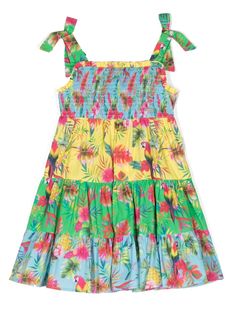 multicolour cotton all-over Tropical print silver-tone logo plaque ruffled trim tie-fastening straps smocked panel rear zip fastening tiered skirt straight hem cotton lining Multicolor Vacation Dresses With Ruffled Straps, Multicolor Dresses With Ruffled Straps For Vacation, Multicolor Dress With Tie And Ruffled Straps, Tropical Multicolor Ruffled Dress, Multicolor Ruffled Straps Sundress For Summer, Multicolor Sundress With Ruffled Straps For Summer, Casual Multicolor Dresses With Ruffled Straps, Multicolor Tropical Cotton Dress, Tropical Multicolor Cotton Dresses