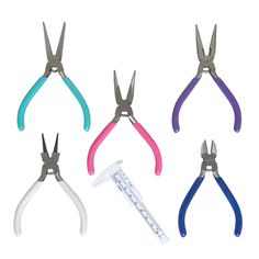 four pairs of scissors with different colored handles and blades on each side, one has a tape measure in the middle