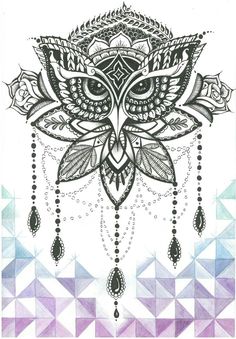 an owl is sitting on top of a piece of paper with beads hanging from it