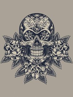 a skull with roses and leaves on it's head, in black and white