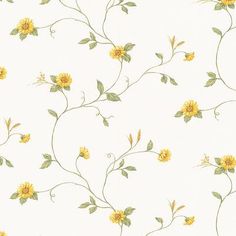 a yellow flower with green leaves on a white wallpaper background that is in the shape of a vine