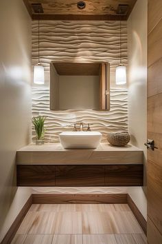 a bathroom with a sink, mirror and wooden paneling