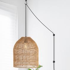 a rattan lamp hanging from a wall next to a potted plant on a table