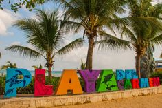 the word play spelled out in colorful letters next to palm trees and beachfronts