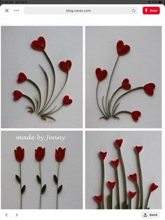 four images of red flowers arranged in the shape of hearts