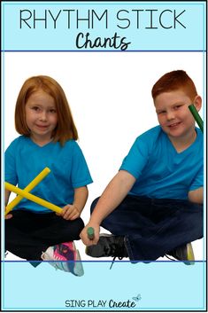 two children sitting on the ground with sticks in their hands and text reading, rhythm stick chats sing play inside