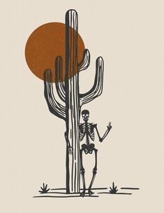 a skeleton standing next to a tall cactus