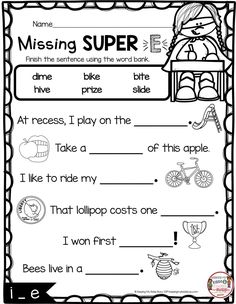 the missing super word worksheet is shown in black and white with an image of a