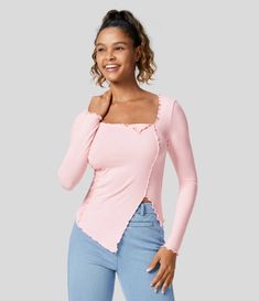 Pink High Neck Top Long Sleeve, Ribbed Long Sleeve Top Pink, Pink Off Shoulder Knit Top, Casual Tanks, Workout Crop Top, Yoga Tank Tops, Plus Size Tank Tops, Bleach Wash, Cami Crop Top