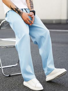 Men's Casual Solid Color Drawstring Waist Long Pants Baby Blue Casual   Woven Fabric Colorblock,Plain Straight Leg Non-Stretch  Men Clothing, size features are:Bust: ,Length: ,Sleeve Length: Baby Blue Mens Dress Pants, Dusty Blue Mens Pants, Plain Pants, Versatile Pants, Social Events, Kids Beachwear, Men Clothing, Long Pants, Men's Casual