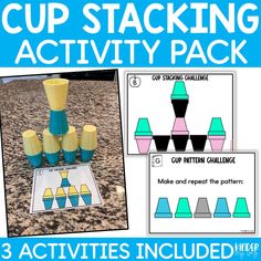 cups stacked on top of each other with the words cup stacking activity pack below