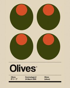 the poster for olives is shown in red and green, with three circles on it