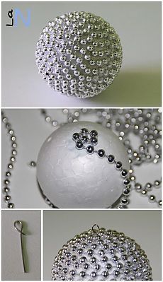 three pictures showing different types of beads on a ball and in the process of being beaded