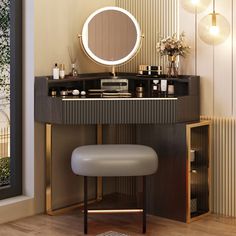 a vanity with stool, mirror and lights on the wall in a room that has wood flooring