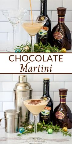 two martinis sitting on top of a counter next to bottles of liquor and glasses