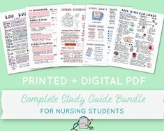 the complete study guide for nursing students is shown in three different pages, including an image of