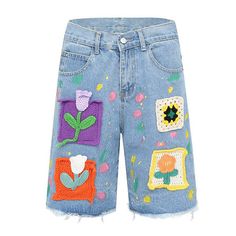 Indie Aesthetic Crochet Flower Denim Shorts - boogzel clothing Floral Denim Shorts, Bag Jeans, Crop Pullover, Mens Denim Shorts, Patchwork Shorts, Vintage Decoration, Cartoon Flowers, Straight Cut Jeans, Knitted Flowers