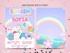 this is an image of a squish on over softa birthday party flyer