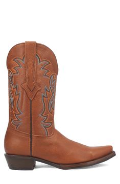 Heavy pebbling and embroidered flames kick up the appeal of a cowboy boot designed with a low, stacked heel and a snipped toe for ready-to-ride authenticity. Pull-on style Leather upper/synthetic lining and sole Imported Southwestern Snip Toe Boots For Western-themed Events, Hand Tooled Snip Toe Boots For Rodeo, Southwestern Style Leather Boots For Western-themed Events, Western-themed Snip Toe Boots With Stacked Heel, Western Snip Toe Boots With Leather Footbed, Rodeo Moto Boots With Stacked Heel And Snip Toe, Western Boots With Snip Toe And Leather Footbed, Western Boots With Leather Footbed For Rodeo, Western Boots With Leather Footbed And Snip Toe