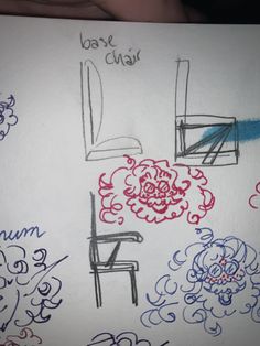 the drawing shows different types of chairs and flowers