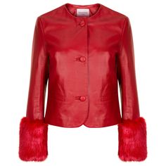 Verheyen Vita Cropped Jacket in Red Leather with Faux Fur - Size uk 10 Handmade in London, made with 100% Italian Lambs Leather and the highest quality of faux fur to match, this luxury item is an investment piece to wear for a lifetime. This piece is made by artisans in London, expert artisans who make for the top luxury brands. This is a coat to treasure for a life time and made by artisans. All of our faux fur is the most stunning, soft and beautiful quality making this leather trench coat a Jean Muir, Shearling Vest, Leather Trench, Leather Trench Coat, Leather Biker Jacket, Cropped Jacket, Shearling Jacket, College Fashion, Red Jacket