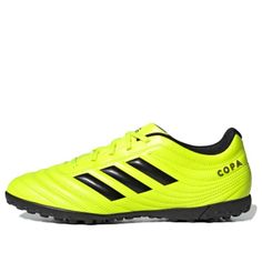 the adidas soccer shoe in neon yellow and black is on sale for $ 59