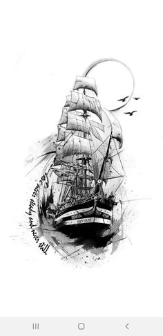 an artistic drawing of a ship in black and white