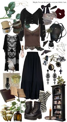 by wretchedbeast on Shoplook Witchy Cottage Core Aesthetic Outfit, Dark Earthy Witchy, Season Of The Witch Aesthetic Outfit, Goth Hippy Aesthetic, Simple Witchy Outfit, Mystical Goth Aesthetic, Witchy Vibes Aesthetic Outfits, Witchy Wardrobe Essentials, Woodland Goth Aesthetic Outfits