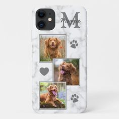 an iphone case with three photos of dogs and their paw prints on the back cover