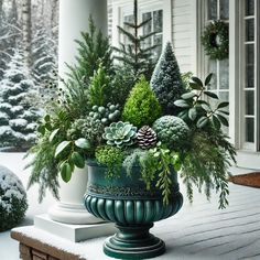 a large potted plant sitting on top of a wooden table in front of a house