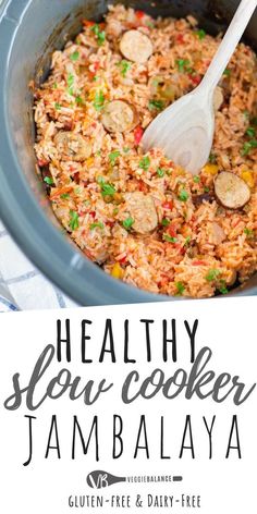 healthy slow cooker jamba laya recipe in a crock pot with text overlay