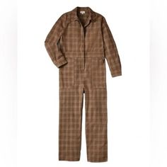 Mersey Plaid Long Sleeve Coverall Jumpsuit The Mersey Coverall Is As Comfortable As It Is Durable, Perfect For Work Or Play. Featuring Classic Utility Details Like Multiple Pockets And A Hidden Zipper At The Front Opening. This One-And-Done Is Sure To Make Your Life Easier. Collared Long Sleeve Front And Back Pockets Logo Tag At Back All-Around Plaid Pattern Stretch Fabric Fabric 68% Cotton, 30% Polyester, 2% Spandex Care Machine Wash Approximate Dimensions Size Small. 40“ Bust; 27 1/2" Inseam; Brown Workwear Overalls With Pockets, Fall Button Closure Overall Jumpsuits, Fitted Overalls With Pockets For Fall, Brown Jumpsuits And Rompers For Fall, Overall Jumpsuit For Workwear In Fall, Workwear Overalls For Fall, Casual Fitted Brown Overalls, Fall Workwear Overalls With Long Sleeves, Long Sleeve Overalls For Fall Workwear