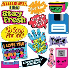 various stickers with different phrases on them