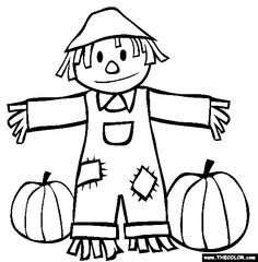 a coloring page with a scarecrow and pumpkins