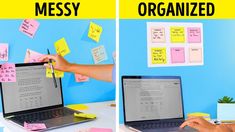 two pictures side by side with sticky notes and a laptop on the same desk, one being organized