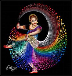 a painting of a woman dancing with colored circles around her