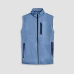 Made from a luxurious soft-touch knit fabric, this performance sleeveless vest features a full zipper closure, a stow-away hood, three vertical zippered pockets in the front and one in the back, sleek nylon trimming and rubber bonding detail. Combining practicality with modern sophistication, this vest is a great choice for both casual and activewear. Functional Nylon Vest With Zipper Closure, Functional Outdoor Vest With Zipper Closure, Sporty Winter Vest For Layering, Blue Sporty Sleeveless Outerwear, Sporty Sleeveless Blue Outerwear, Outdoor Activities Vest With Zipper Closure, Sleeveless Vest With Zipper For Outdoor Activities, Sporty Vest With Pockets For Sports, Sporty Outdoor Vest With Side Pockets