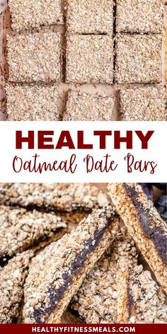 healthy oatmeal date bars stacked on top of each other with text overlay