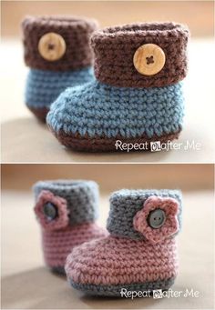 crocheted baby booties with buttons are shown in three different colors and sizes