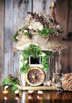 a birdhouse made out of wood and plants on top of a wooden table next to nuts