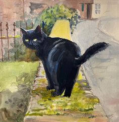 a painting of a black cat standing on the sidewalk