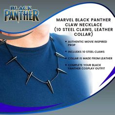 a black panther necklace with spikes attached to it's neck and the caption below