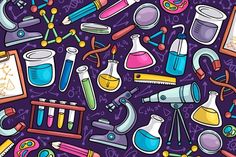 a purple background with lots of science related items and writing utensils on it