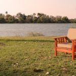 a wooden bench sitting on top of a lush green field next to a lake and forest