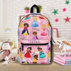 This personalized princess backpack and blanket are the perfect custom Christmas, birthday, or back to school gifts for a toddler girl. Customize with the child's name.  This is not a set. All items sold separately. Props in pictures are for styling purposes only and are not included with purchase. ABOUT OUR BACKPACKS * Strong and durable 100% polyester fabric retains its shape and dries quickly  * Lightweight and waterproof * Adjustable shoulder straps * Padded back and straps * Blank name tag sewn inside * Zipper closure * 4 compartments: ▸ Main zip pocket ▸ Front pocket ▸ Side bottle pocket ▸ Inside compartment for laptop or tablet * Dimensions: ▸ Length 11.81 inches ▸ Width 5.12 inches ▸ Height 18.11 inches BACKPACK CARE INSTRUCTIONS * Before cleaning the bag, remove all the items * Pr Princess Backpack, Toddler Girl Gifts, Adult Blanket, Custom Kids, Sewing Tags, School Gift, Soft Bristle Brush, Back To School Gifts, Girl Backpacks